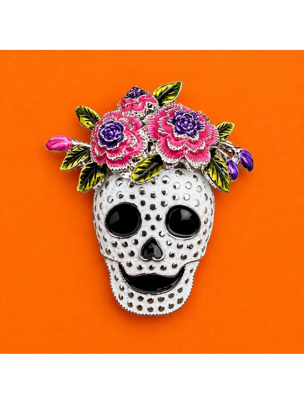 Halloween Skull with Wreath Enamel Brooch Pink